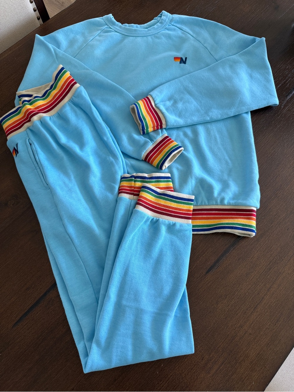 Aviator Nation Light Blue Sweatshirt & Shorts Set with Rainbow Trim - Picture 2 of 4